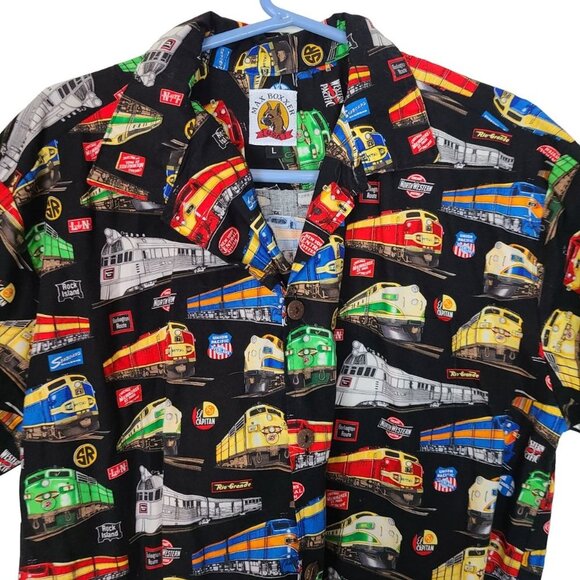 Max Boxxer Mens L Black Train Print Short Sleeves Cotton Button Up Shirt Pocket - Picture 2 of 8